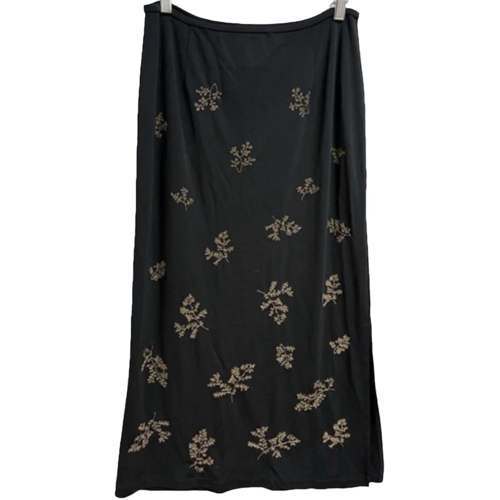 Talbots Black Embroidered Floral Midi‎ Skirt Boho Cottagecore Y2K Pull On Small